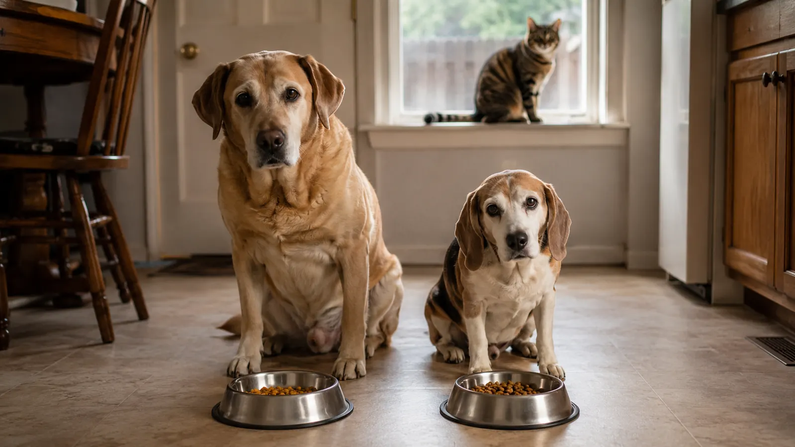 A Lab mix dog and a senior Beagle waiting by their food bowls in a small kitchen while a tabby cat watches from a windowsill