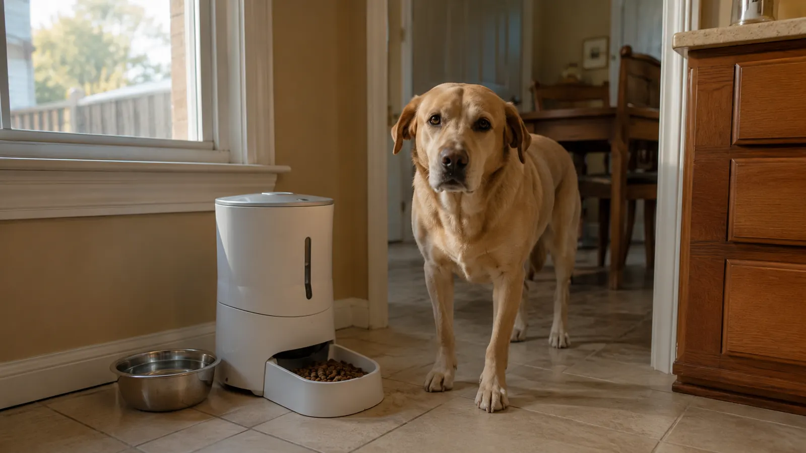 A white PetSafe automatic dog feeder sitting on a kitchen floor next to a stainless steel water bowl, morning light coming through a window