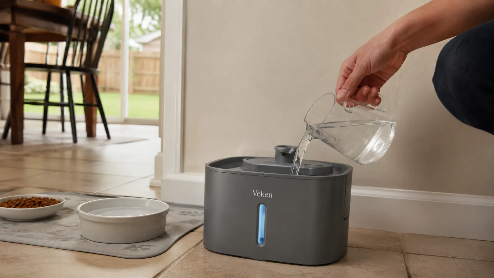 Hand pouring fresh water into a plastic pet fountain reservoir on a kitchen floor