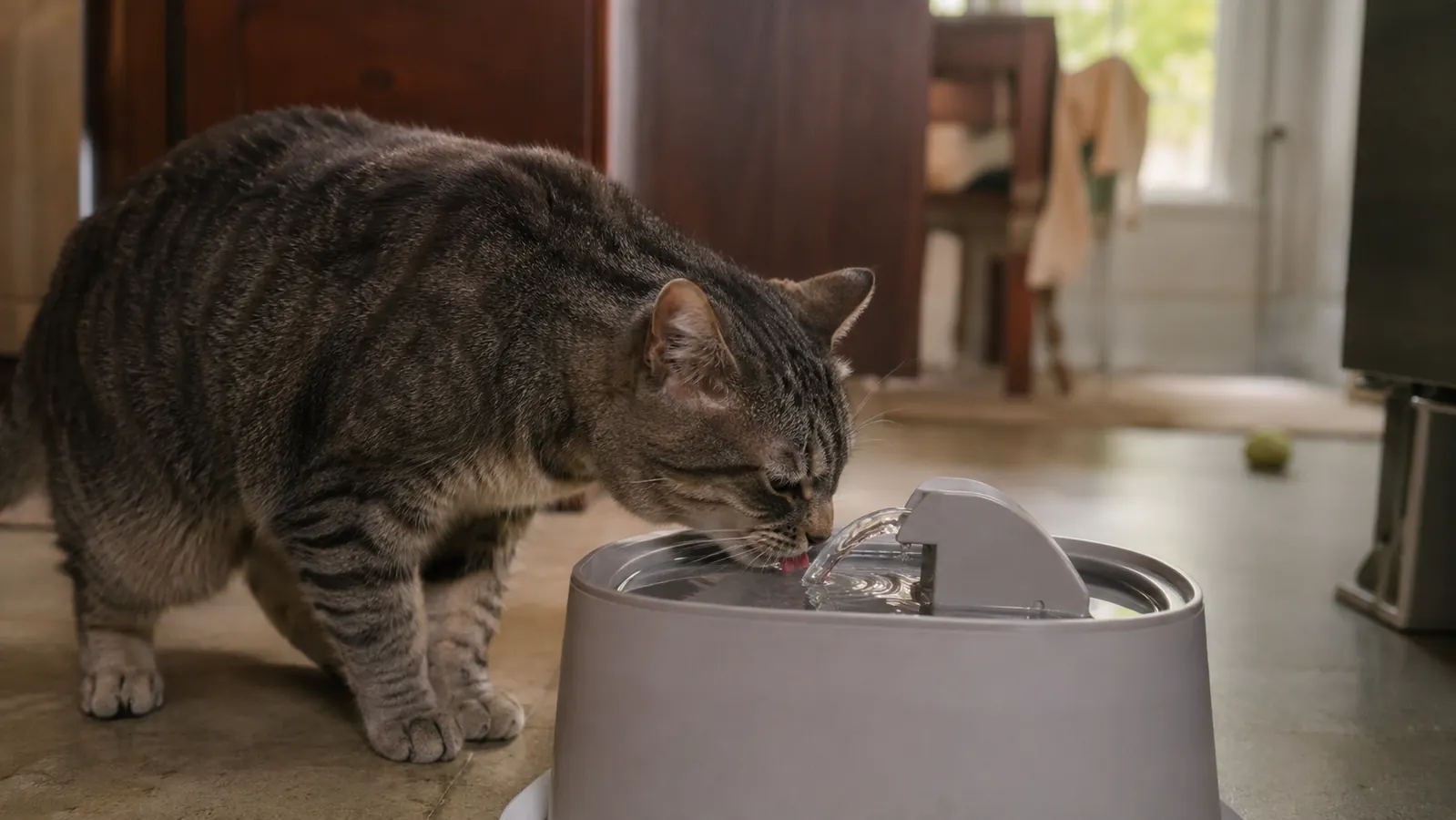 Gray tabby cat drinking from the stream of a running pet water fountain on a kitchen floor