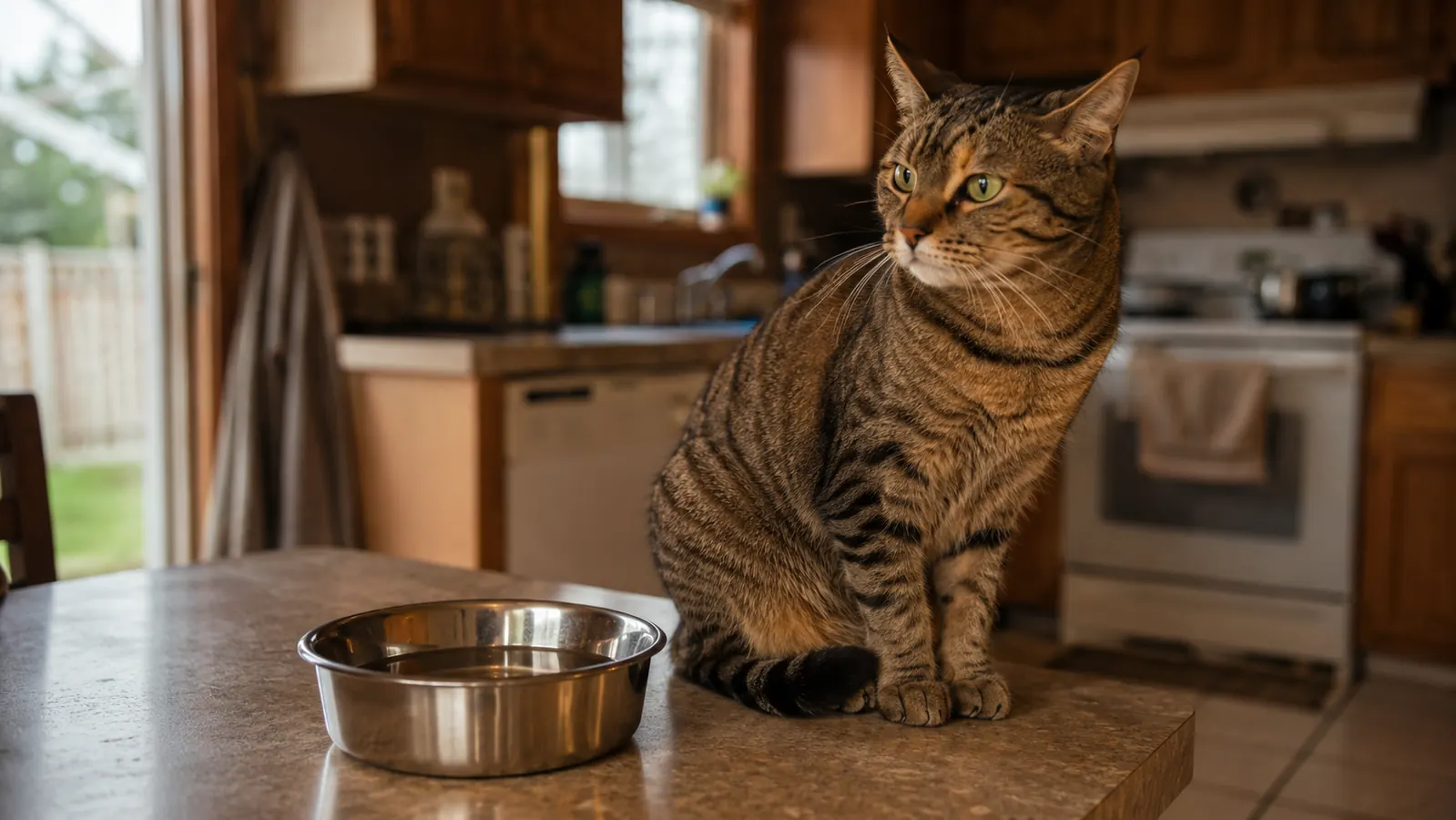 Gray tabby cat sitting on a kitchen counter beside a stainless steel water bowl, looking away from it