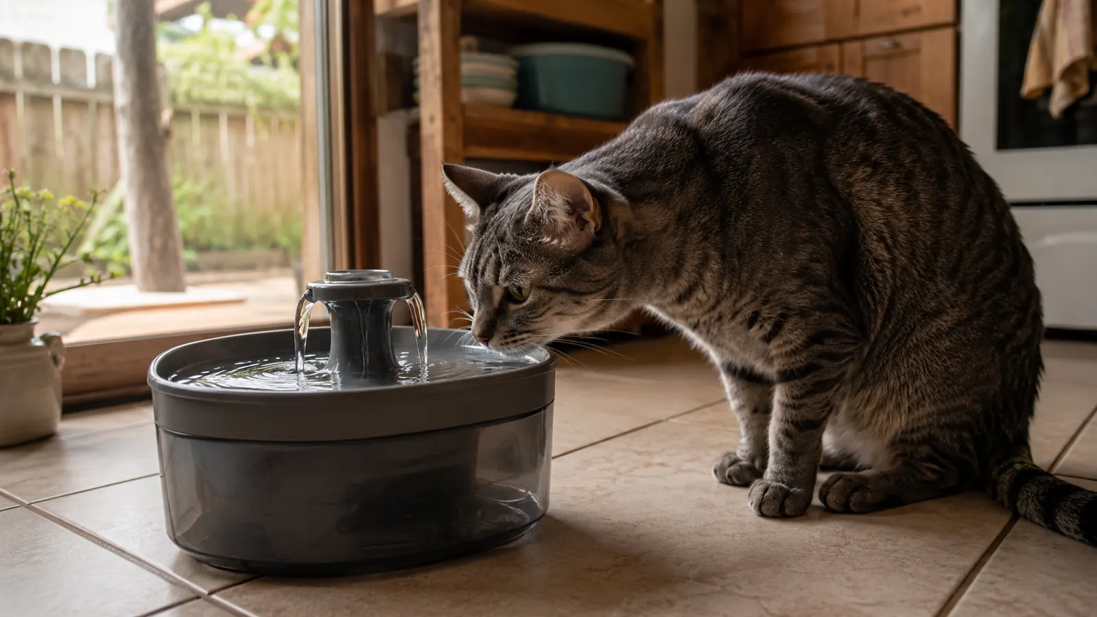 Grey tabby cat sniffing at the flowing stream of a pet water fountain on a kitchen floor