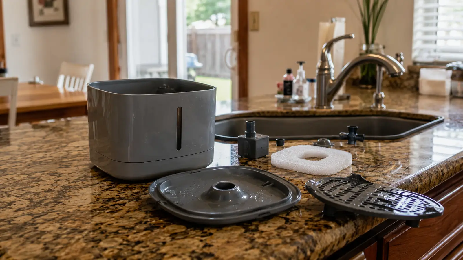 A grey plastic Veken pet fountain sitting disassembled on a kitchen counter with its filter and pump parts laid out beside it