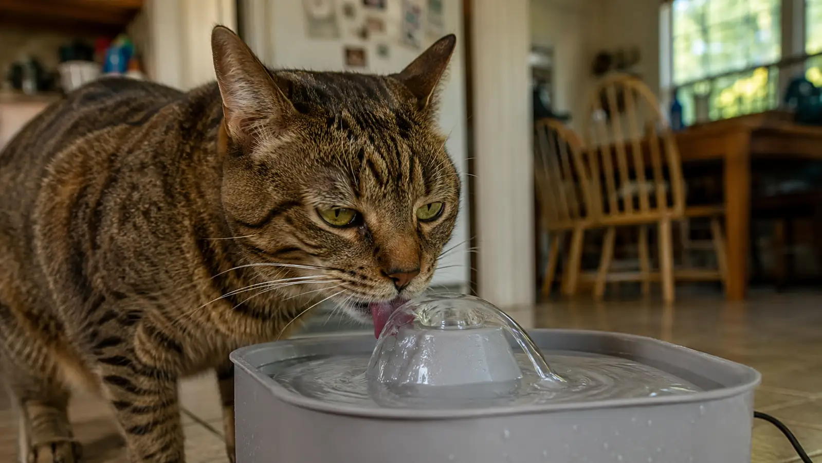 Tabby cat drinking from the top stream of a running pet water fountain