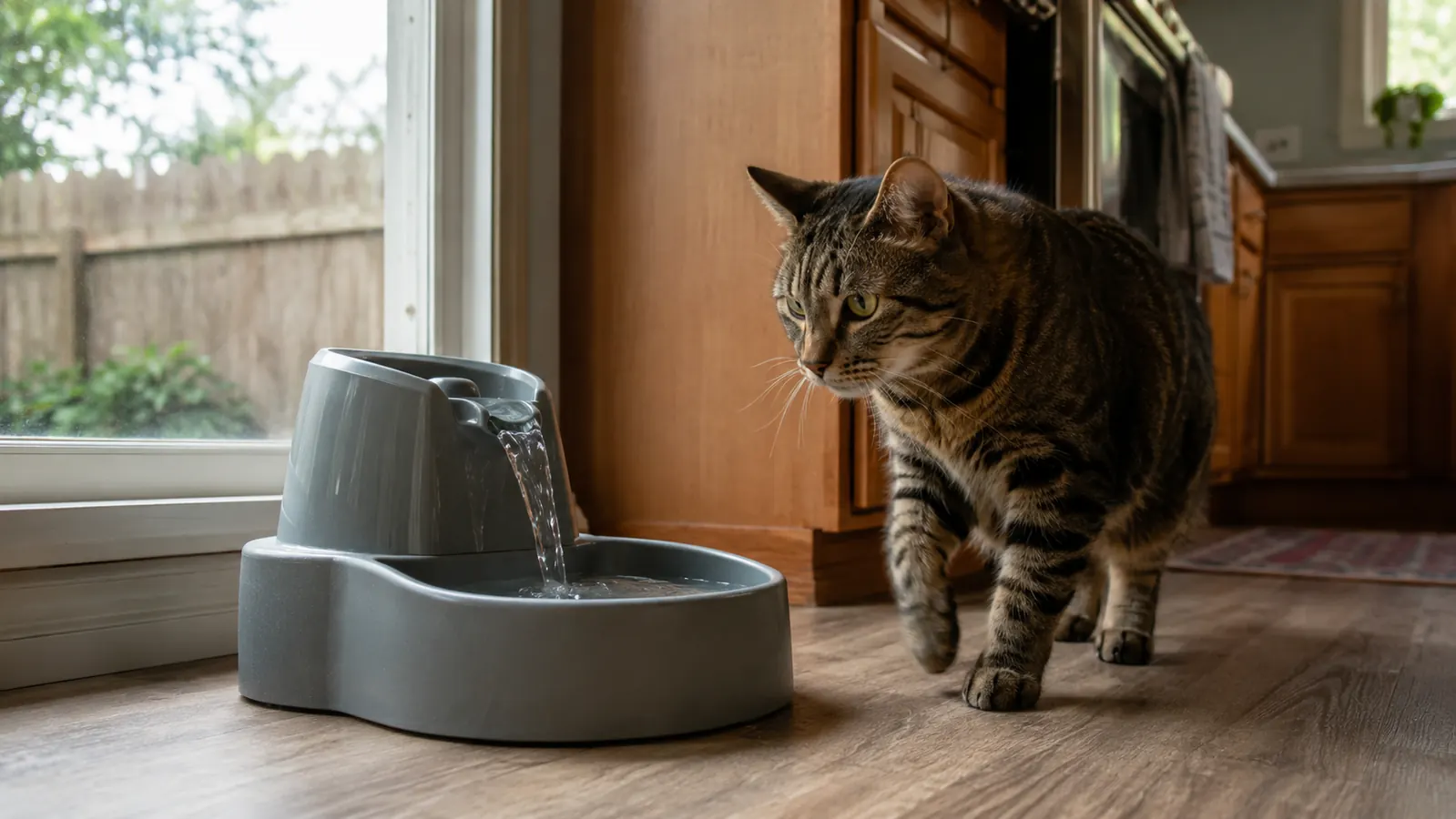 Grey plastic automatic pet water fountain running on a kitchen floor with a tabby cat nearby